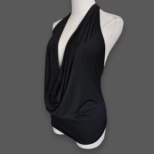 Black Silky Plunge Halter Top, Women's M